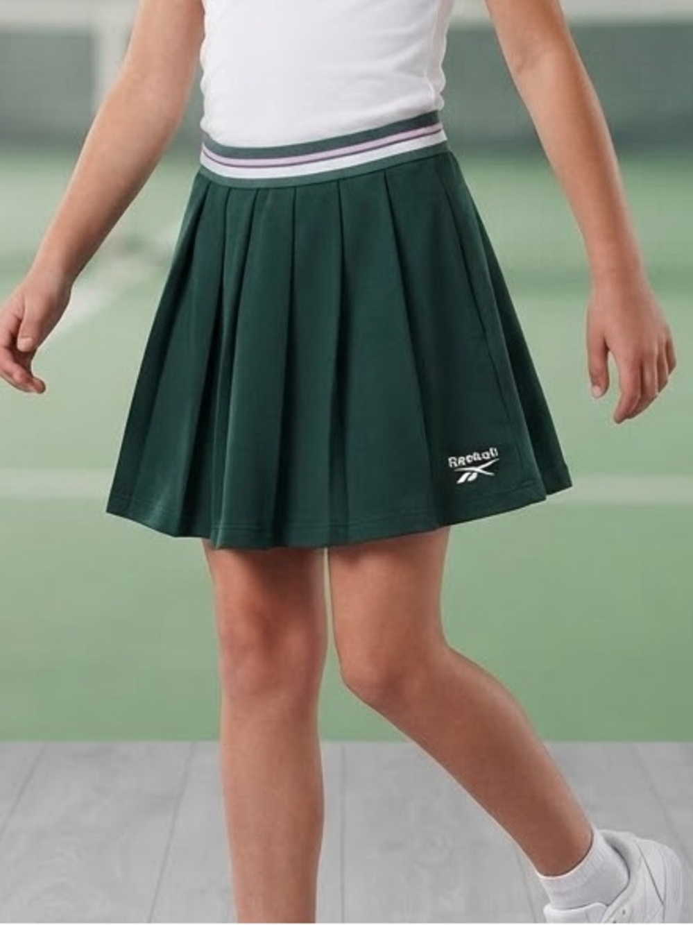 Reebok Dark Green Pleated Tennis Skirt with Striped Waistband